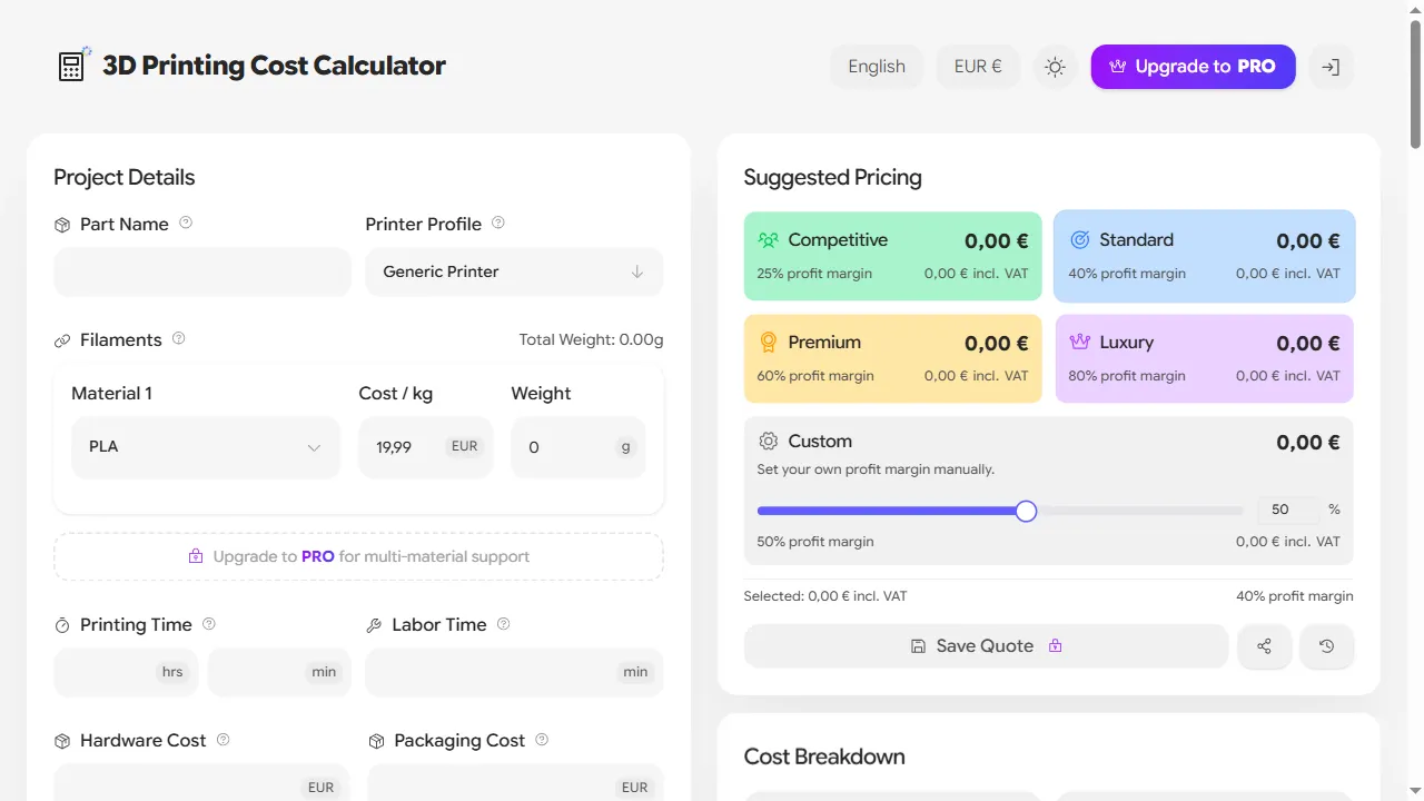 3dprintingcostcalculator.com - Free 3D Printing Cost Calculator screenshot