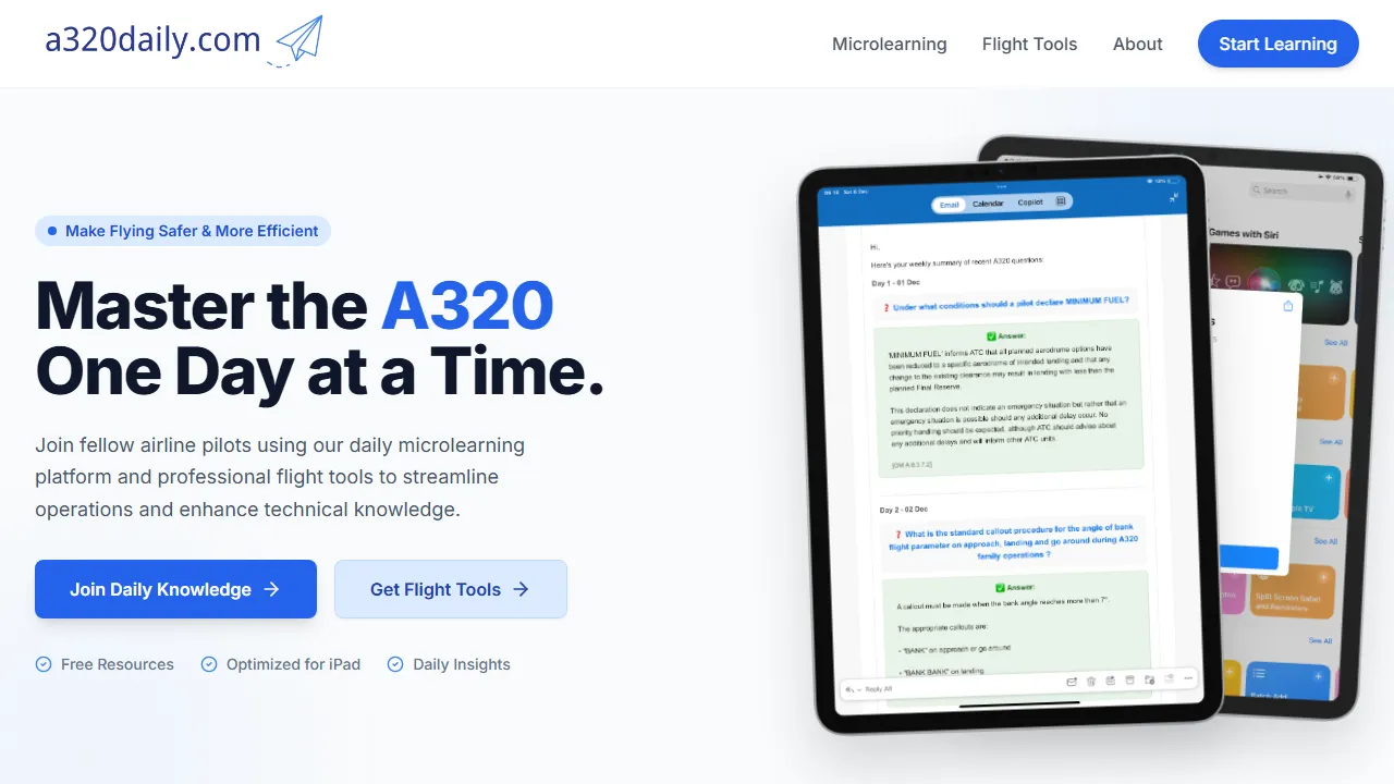 a320daily.com - Flight Training Tools for Safer Flying screenshot