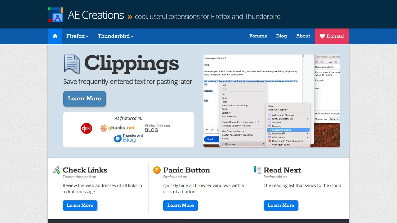 aecreations.io - Firefox and Thunderbird Extensions screenshot