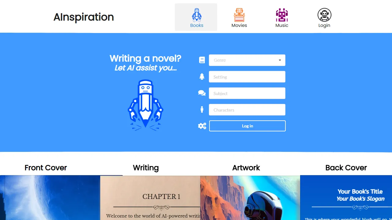 ainspiration.netlify.app - AI Writing Assistant for Books and Scripts screenshot