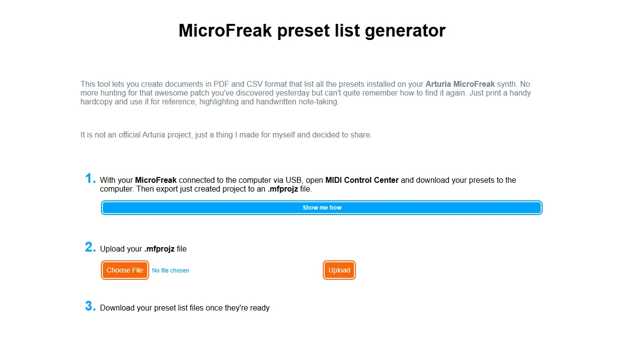 amfpresets.tristated.io - Arturia MicroFreak Preset List PDF Exporter screenshot