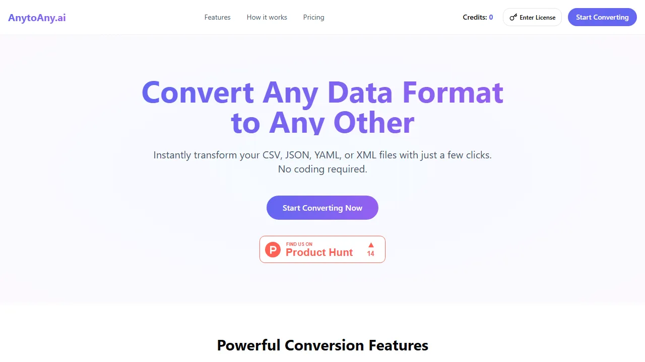 anytoany.ai - Convert XML to CSV Files Online screenshot