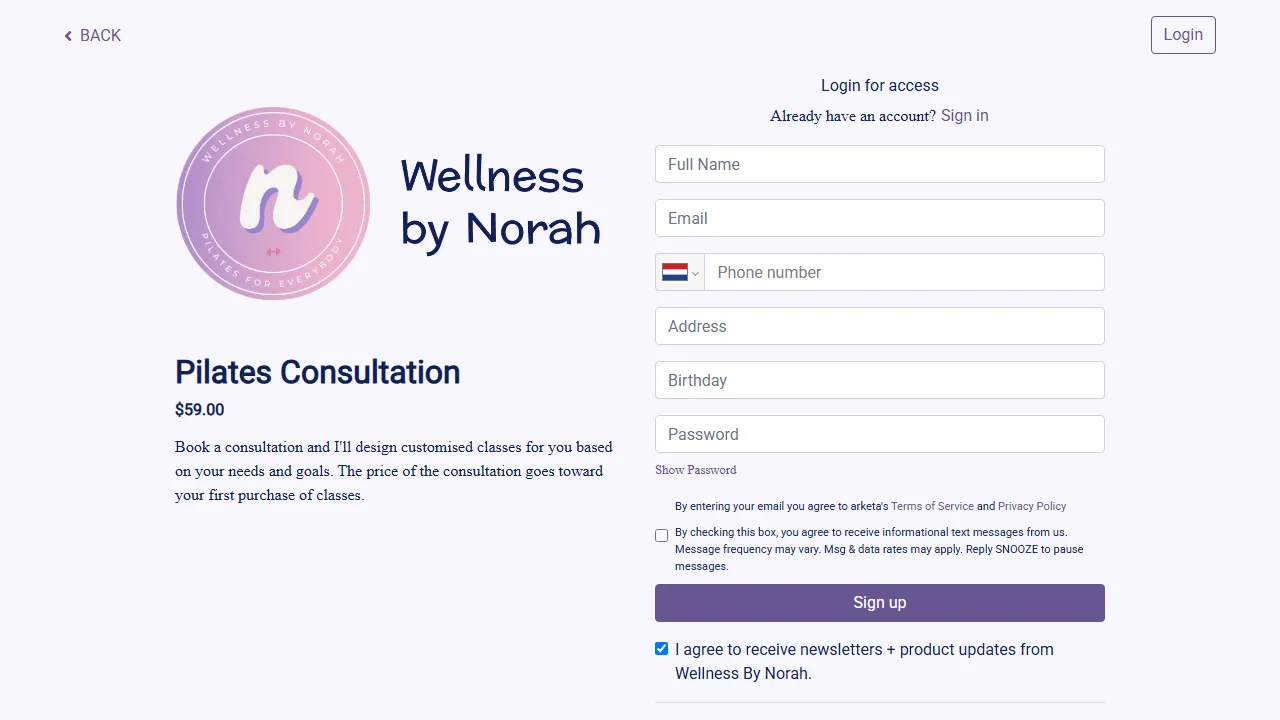 app.arketa.co - Yoga Class Booking Online Fitness Booking screenshot