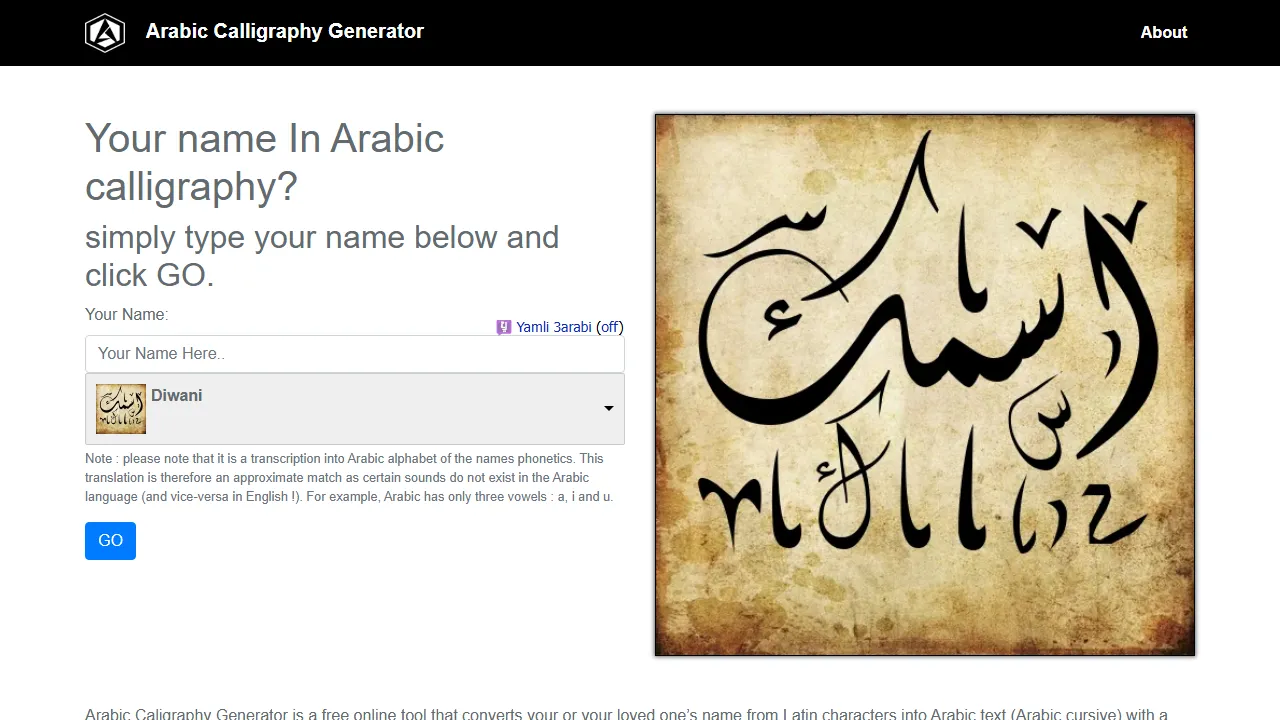 arabiccalligraphygenerator.com - Arabic Calligraphy Generator Font Tool screenshot