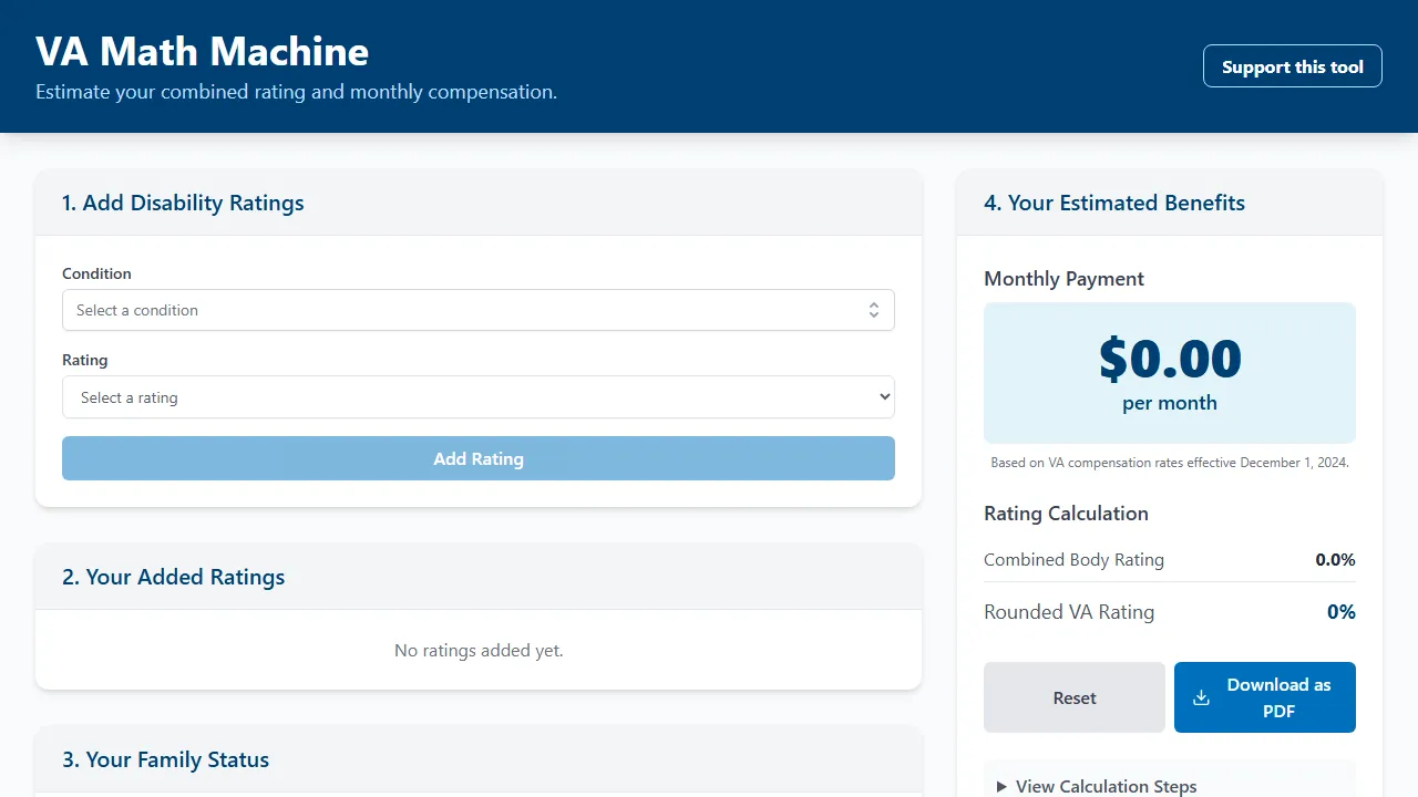 beewadd.github.io - Free VA Disability Calculator for Veterans screenshot