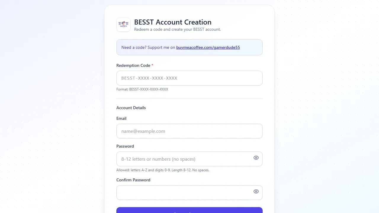 besst-signup.wasmer.app - Automated Email Account Creation Redemption Codes screenshot