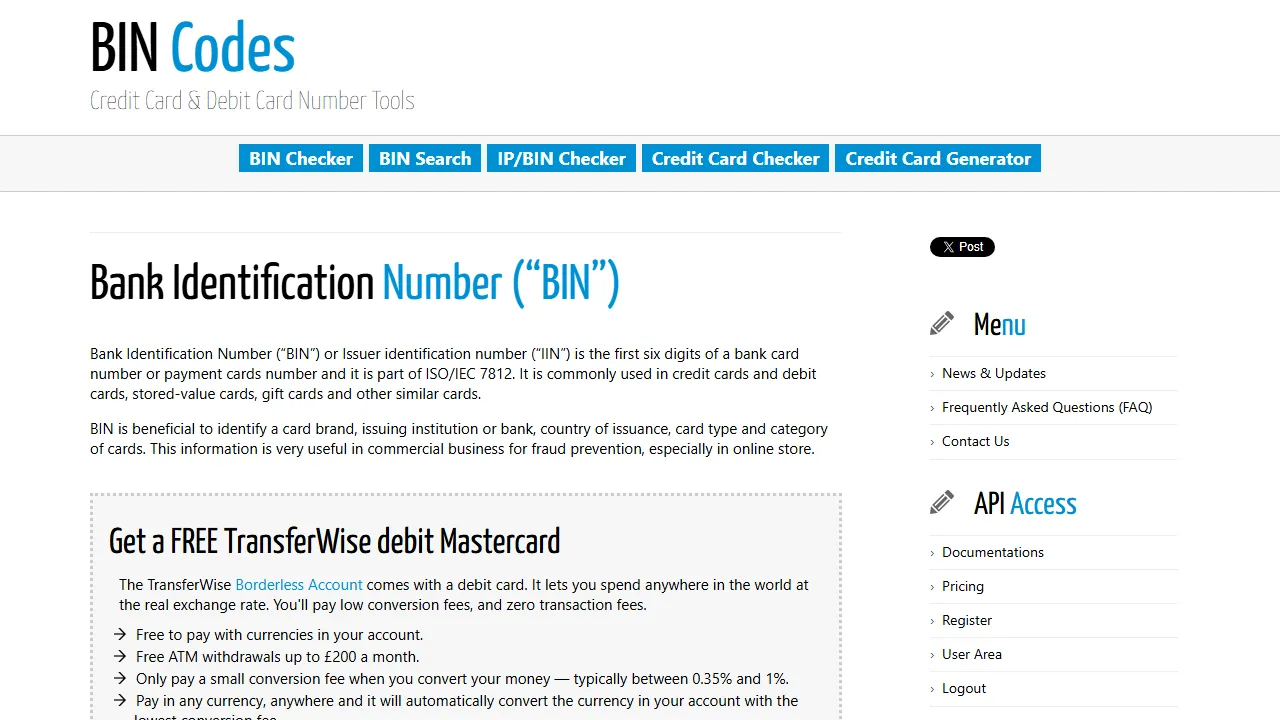 bincodes.com - Free BIN Code Lookup and Search Tool screenshot