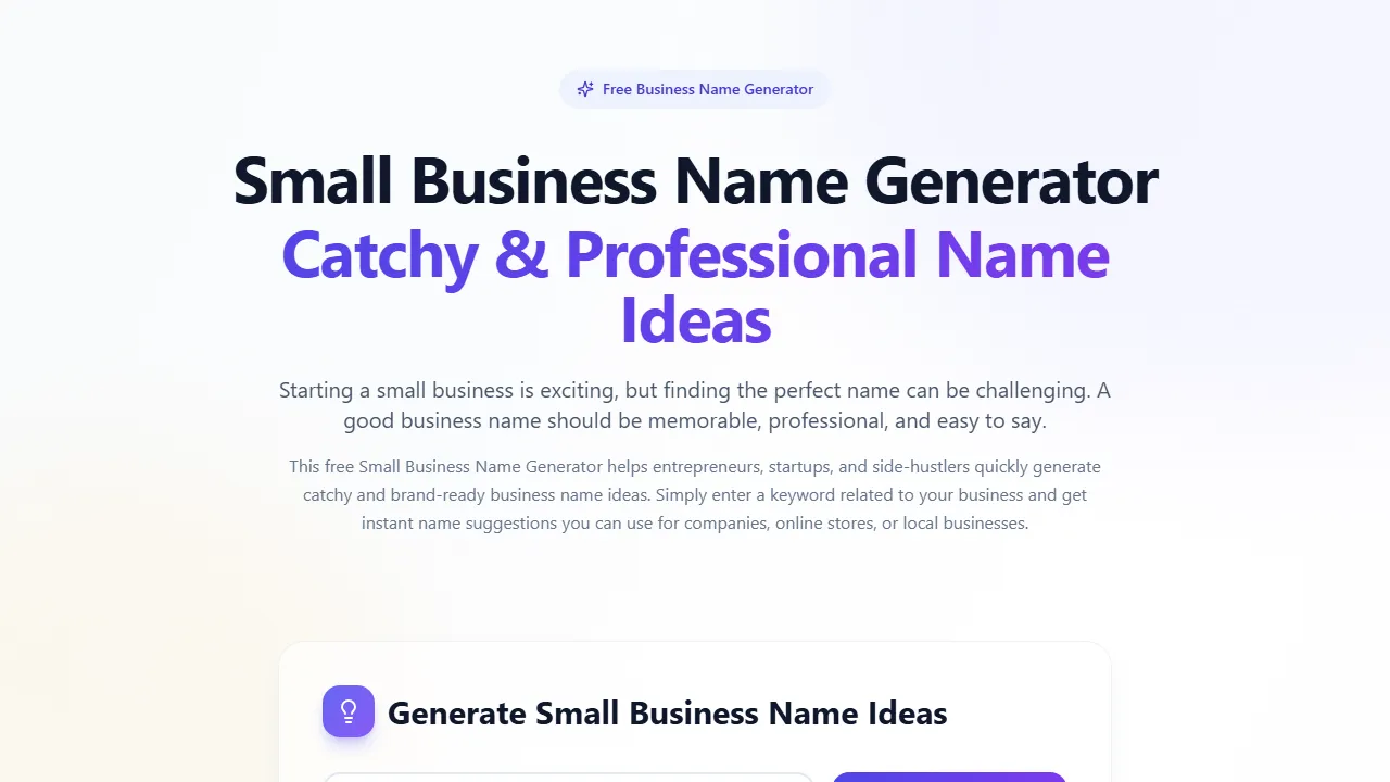 biz-name-spark-829bfca5.base44.app - Free Business Name Generator and Creator screenshot