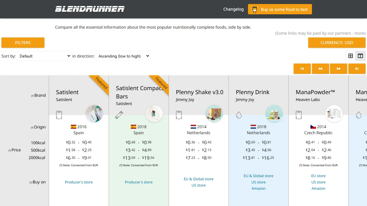 blendrunner.com - Online Tool to Compare Lists of Foods screenshot