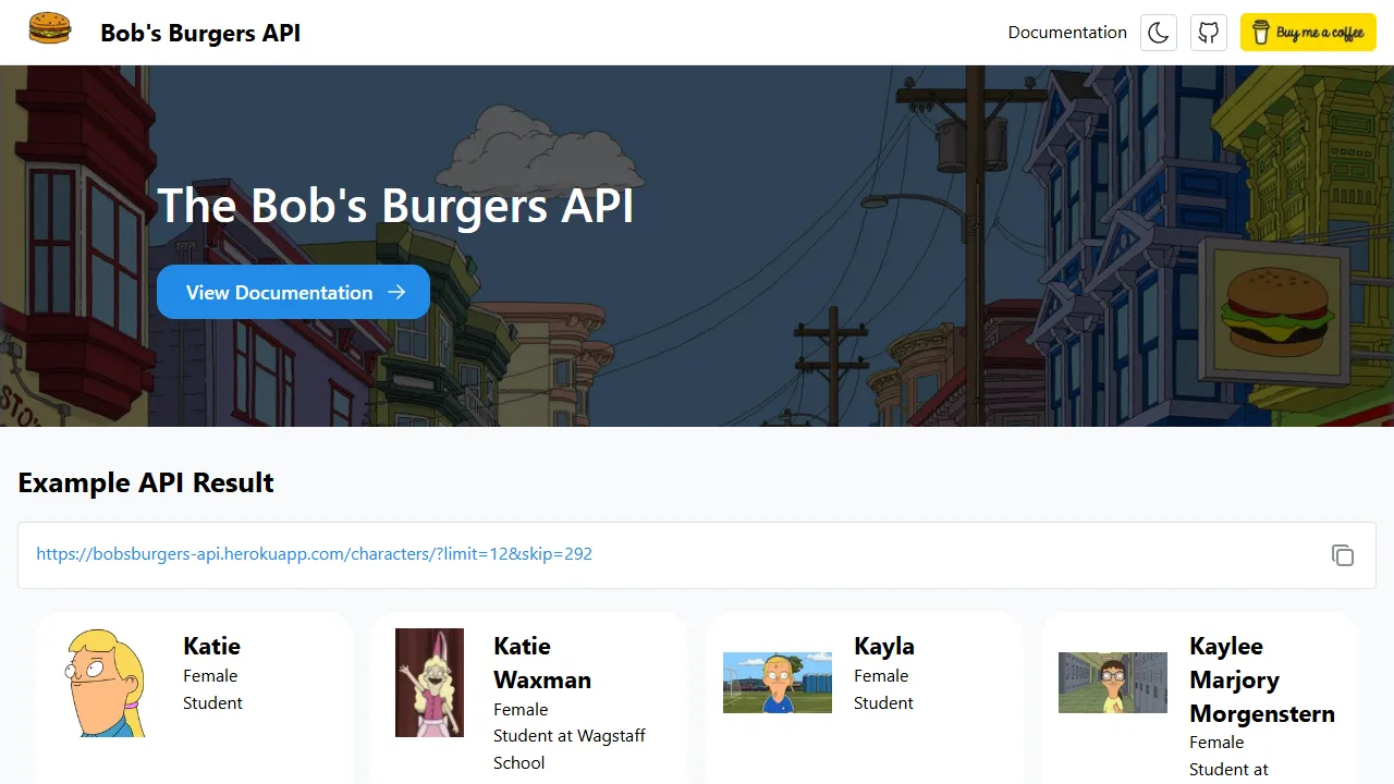 bobsburgersapi.com - Free RESTful API for Developers screenshot