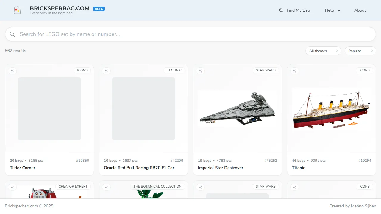 bricksperbag.com - Lego Brick Organizer for Numbered Bags screenshot