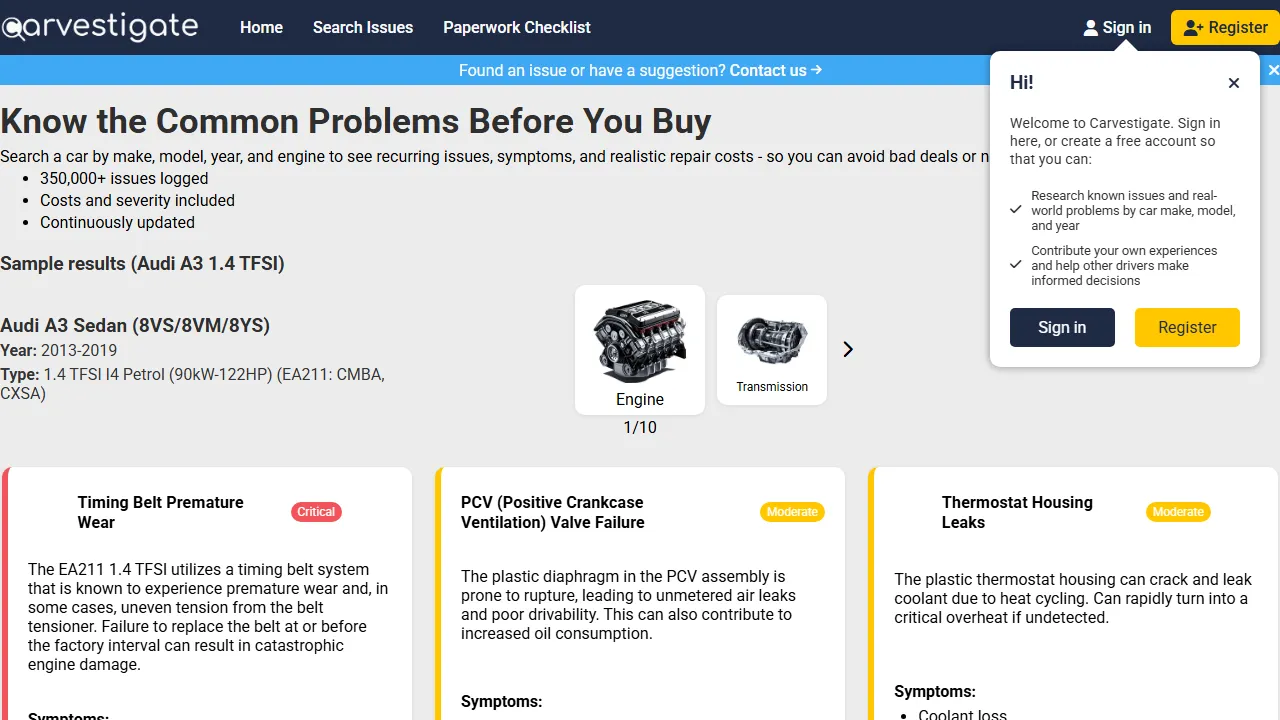 carvestigate.com - Car Issue Checker to Avoid Car Problems screenshot