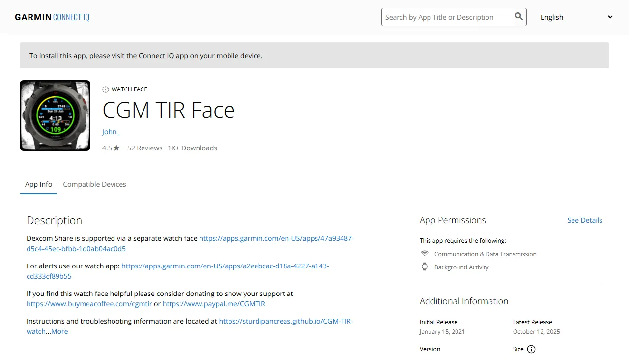 CGM TIR - Custom Garmin Watch Face for T1D Data screenshot