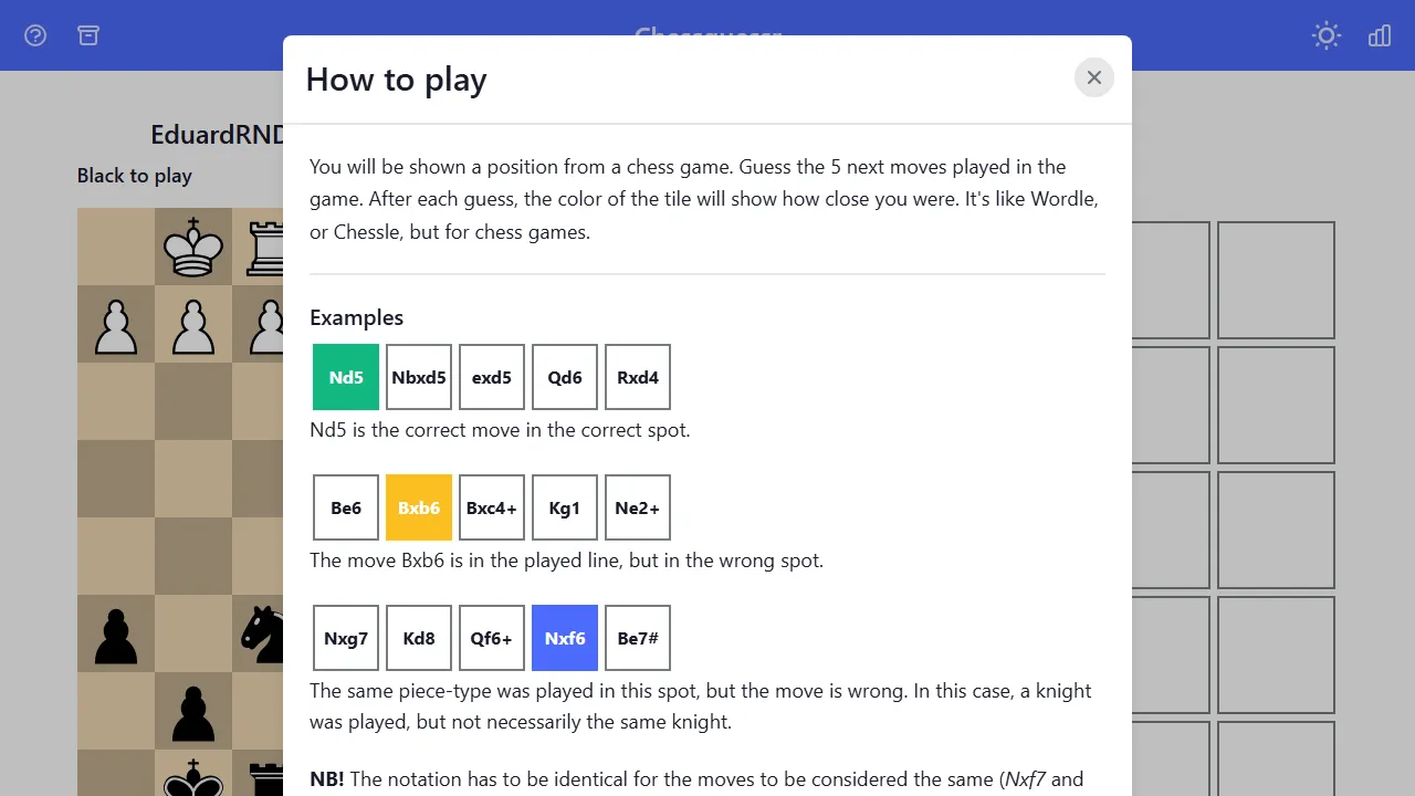 chessguessr.com - Solve Chess Puzzles With Wordle Hints screenshot
