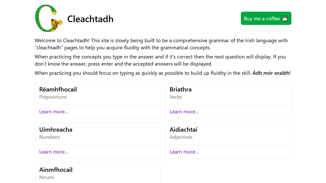 cleachtadh.com - Irish Language Learning Practice Website screenshot