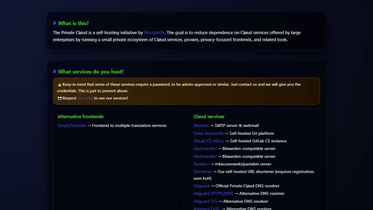 cloud.nocturn9x.space - Self-Hosted Services and Privacy-Friendly Infrastructure Catalog screenshot