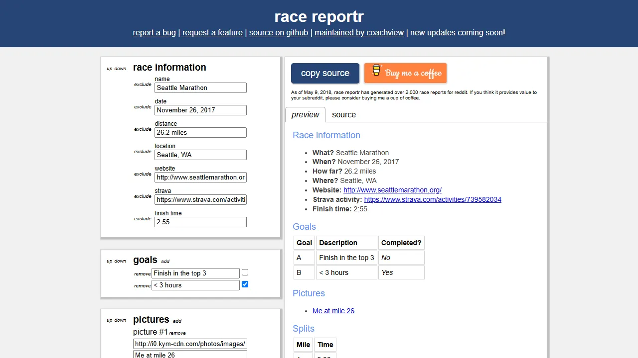 coachview.github.io - Race Report Generator for Running Communities screenshot