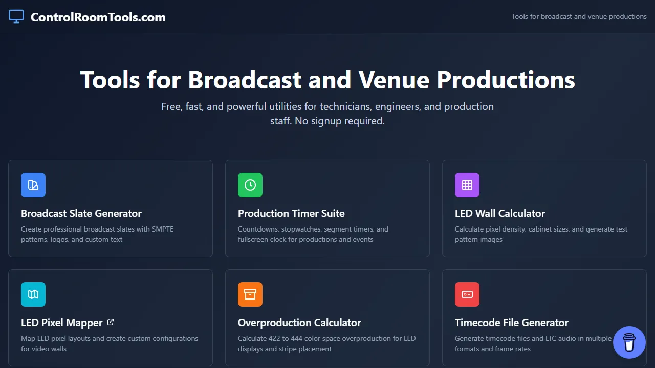 controlroomtools.com - Free Broadcast Production Tools for Professionals screenshot