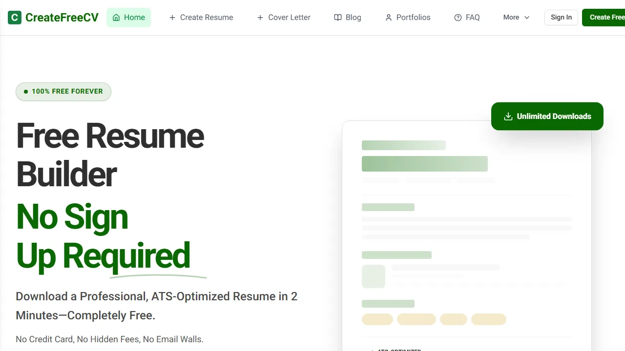 createfreecv.com - Free CV Maker Online Resume Builder Tool screenshot