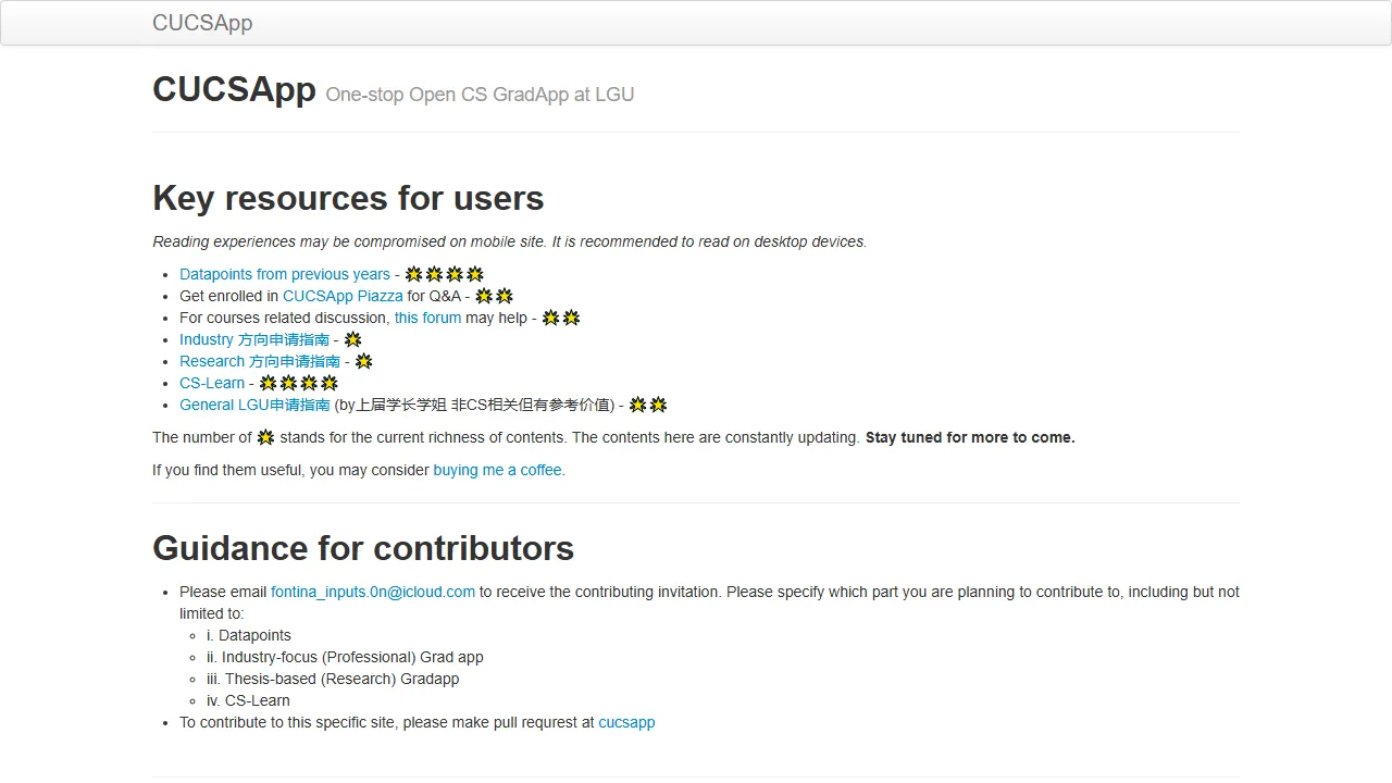 cucs.app - CS Grad School Application Resources Online screenshot