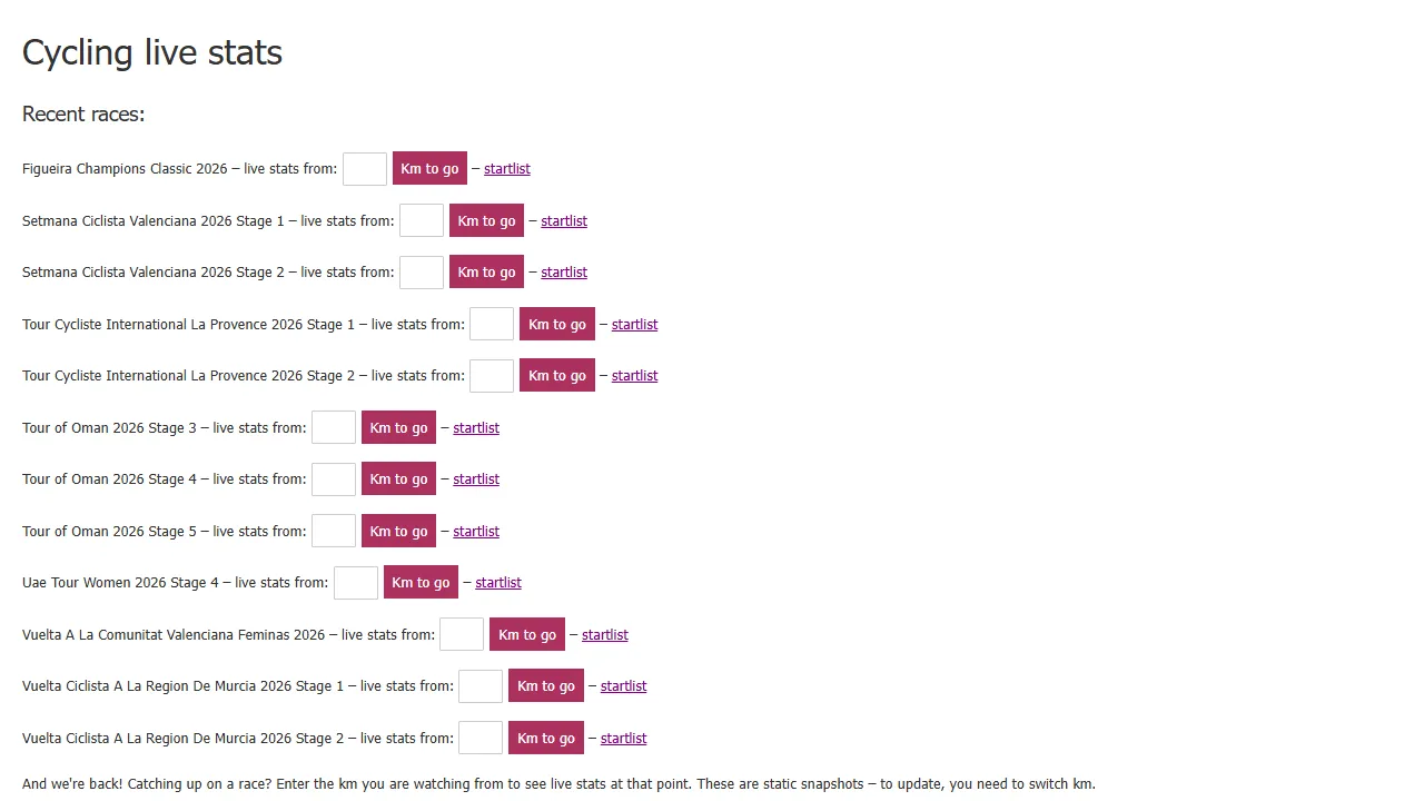cyclinglivestats.cc - Cycling Stats Tracker Website Live Data screenshot