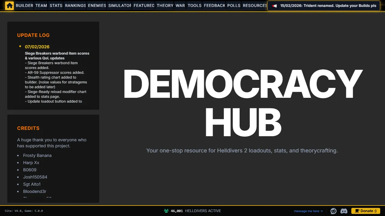 democracy-hub.net - Helldivers 2 Loadout Builder and Resources screenshot