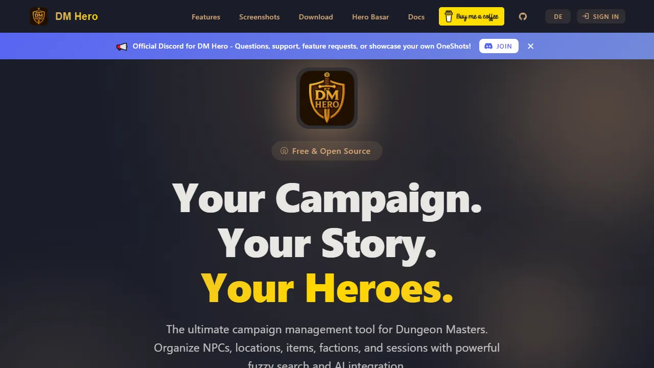dm-hero.com - Open Source Campaign Manager for Dungeon Masters screenshot