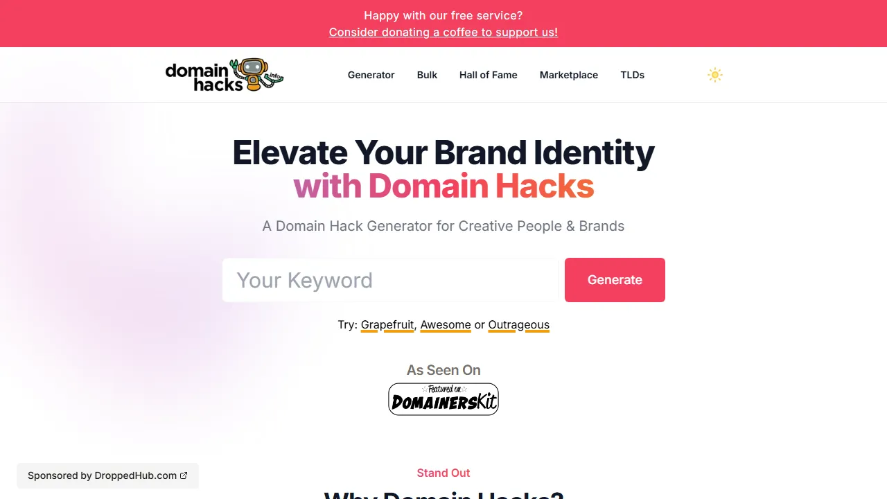 domainhacks.info - Domain Name Generator and Finder Tool screenshot