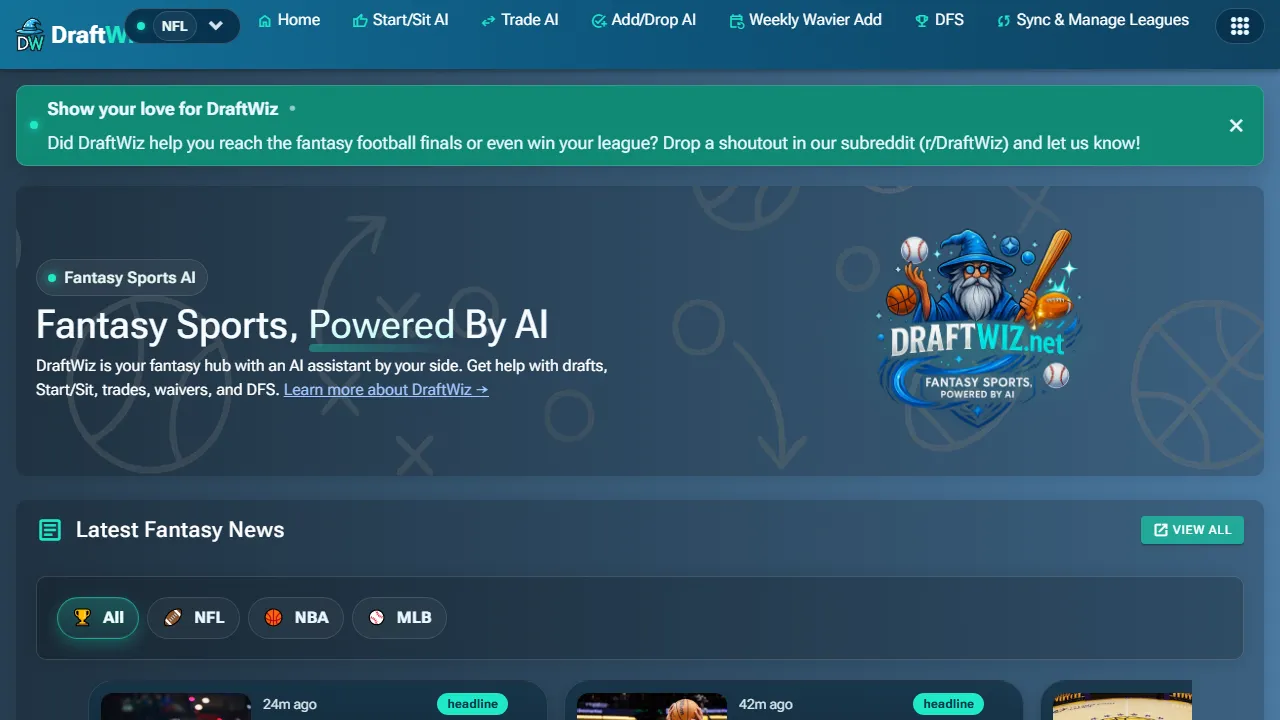 draftwiz.net - Fantasy Football Draft Tool Website Support screenshot