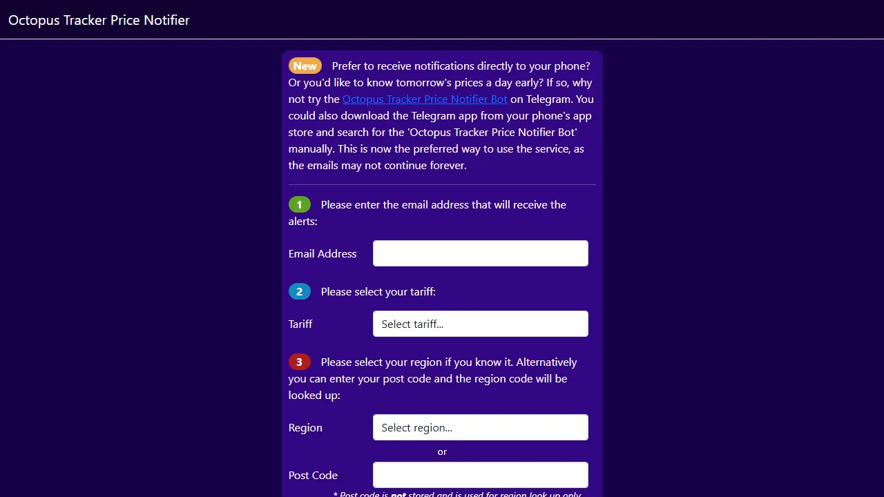 energypricenotifierweb.azurewebsites.net - Email Alerts for Energy Price Tracking screenshot