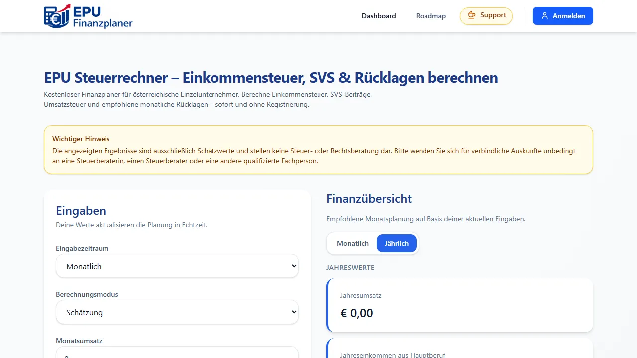 epuplaner.com - Free Austrian Business Tax and SVS Calculator screenshot