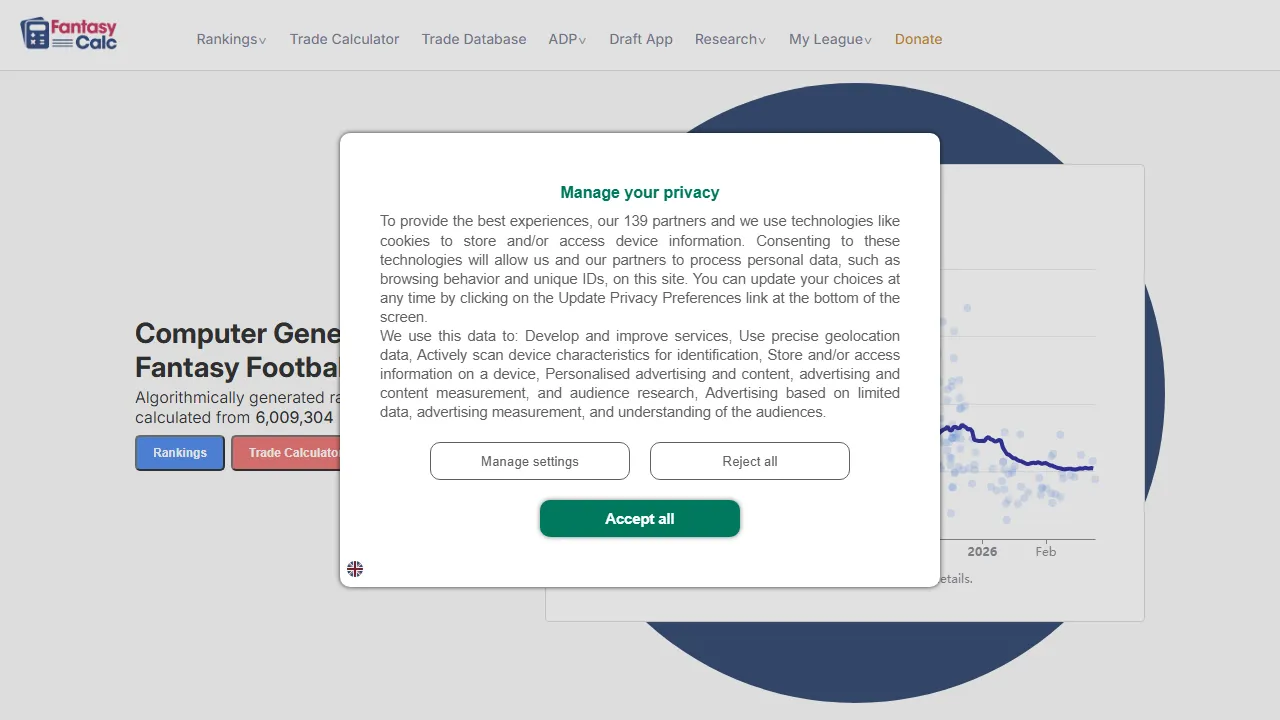 fantasycalc.com - Free Fantasy Sports Tools and Rankings screenshot