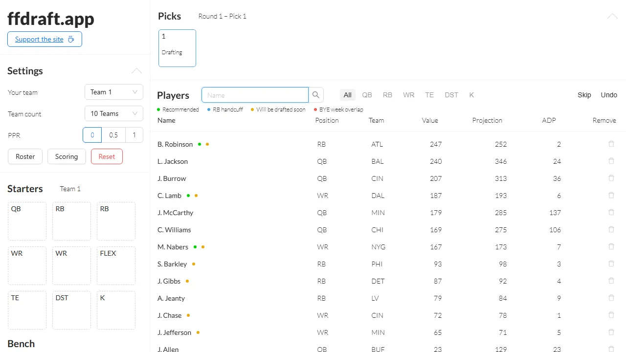 ffdraft.app - NFL Fantasy Football Mock Draft App screenshot