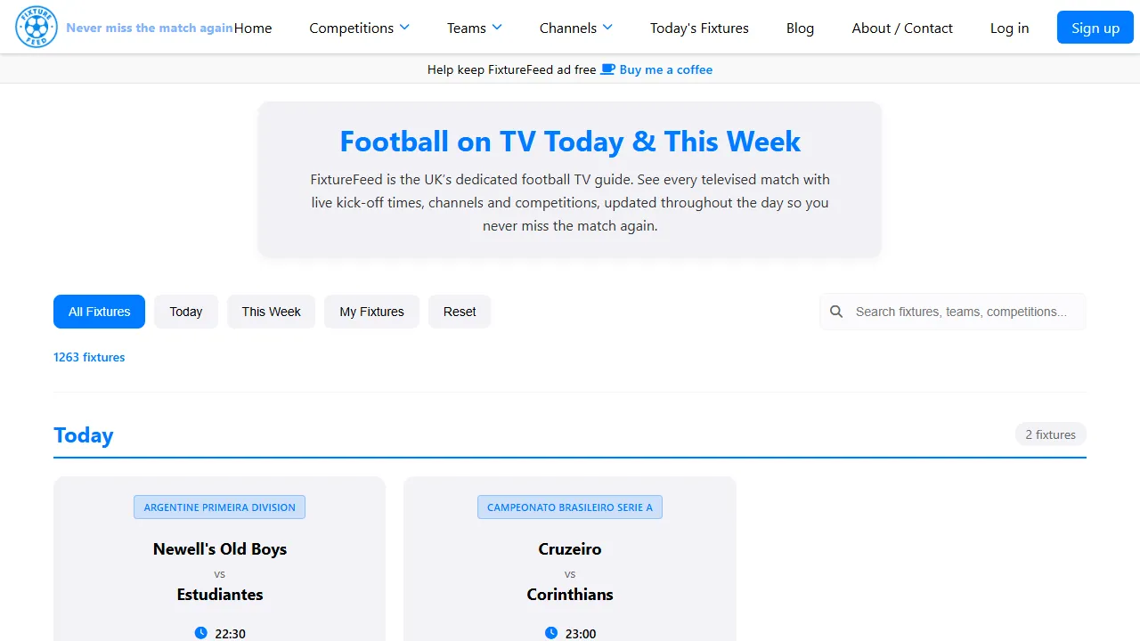 fixturefeed.com - Sky Sports TV Guide for Football Matches screenshot