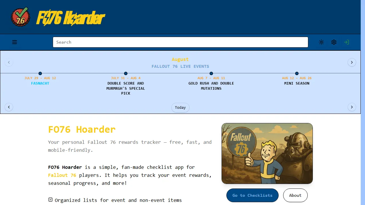 fo76hoarder.me - Game Item Tracker Tool screenshot