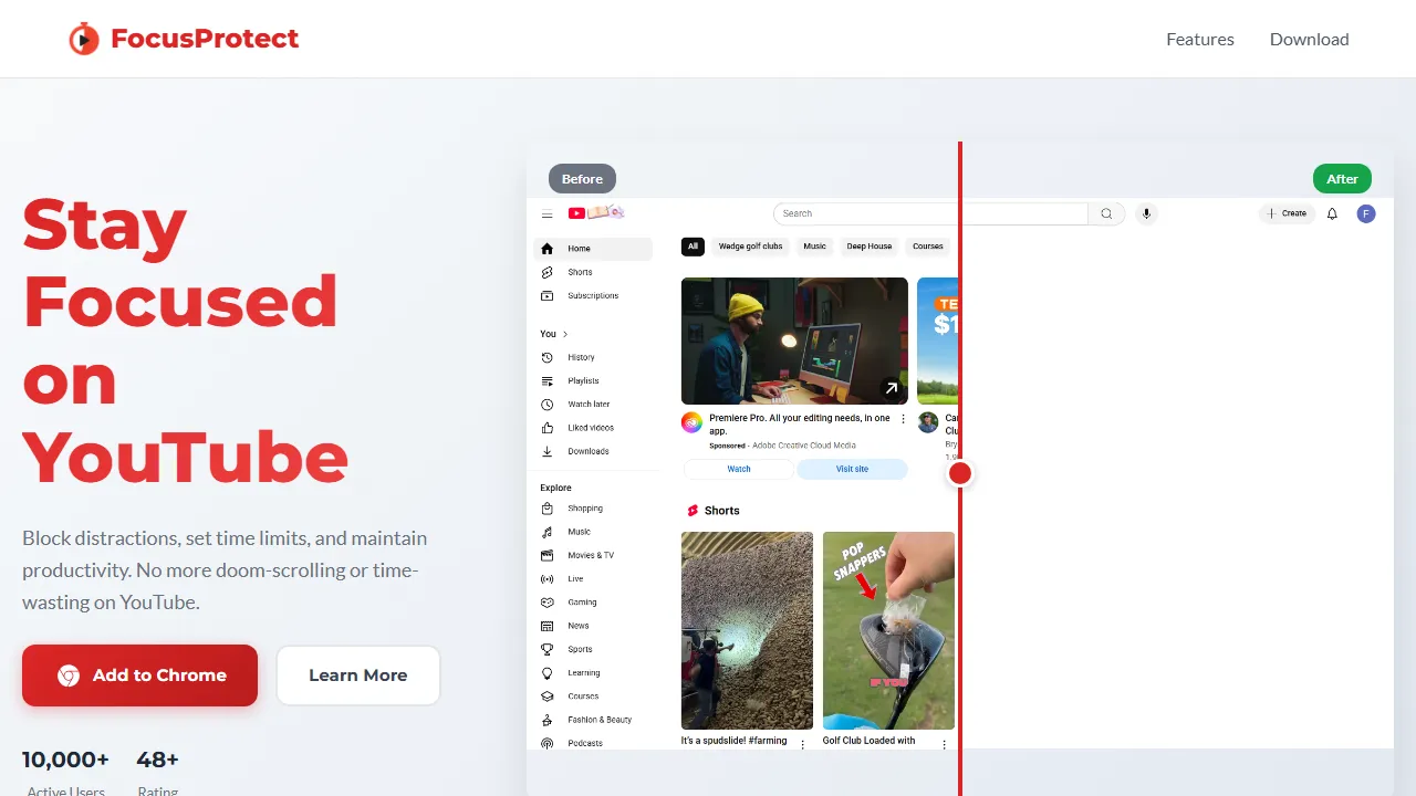 focusprotect.app - YouTube Focus Tool to Block Distractions screenshot