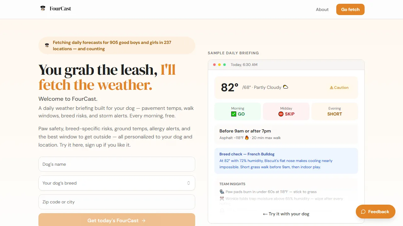 fourcast-ebon.vercel.app - Weather App For Dog Owners screenshot