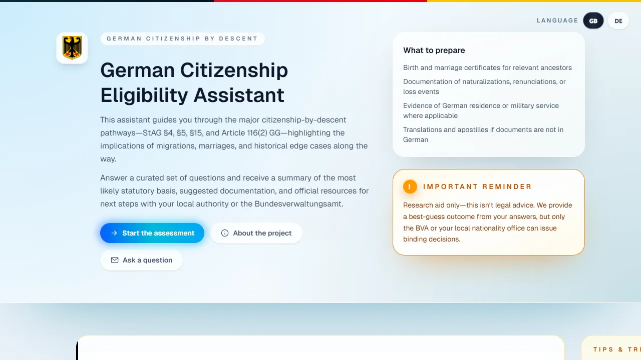 germancitizenship.tools - Citizenship Eligibility Assistant Tool Online screenshot