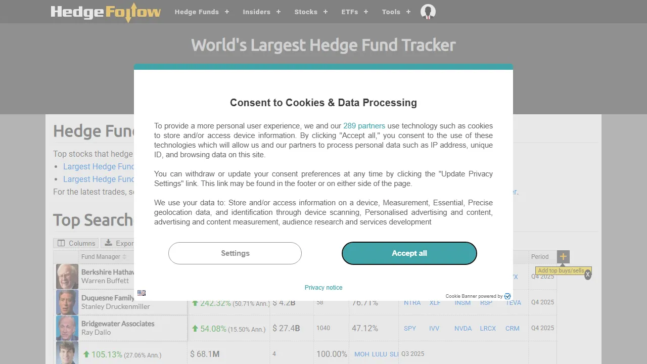 hedgefollow.com - Community-Driven Hedge Fund Data Resource screenshot