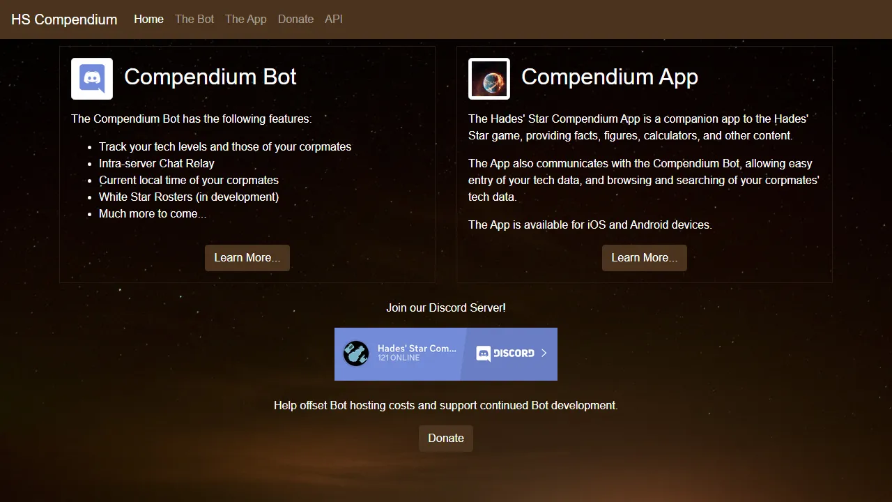 hs-compendium.com - Hades' Star Discord Game Bot for Corporations screenshot