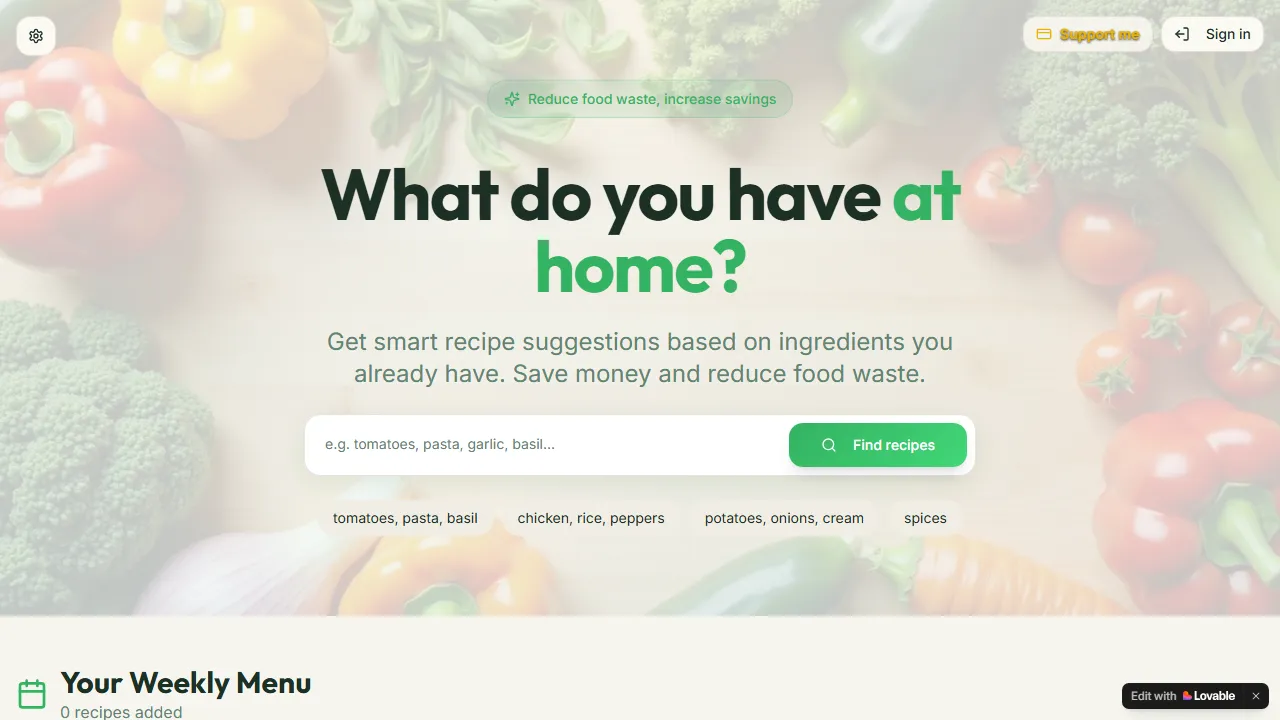 ingridientcooker.lovable.app - Recipe Suggestion Tool For Dinner screenshot