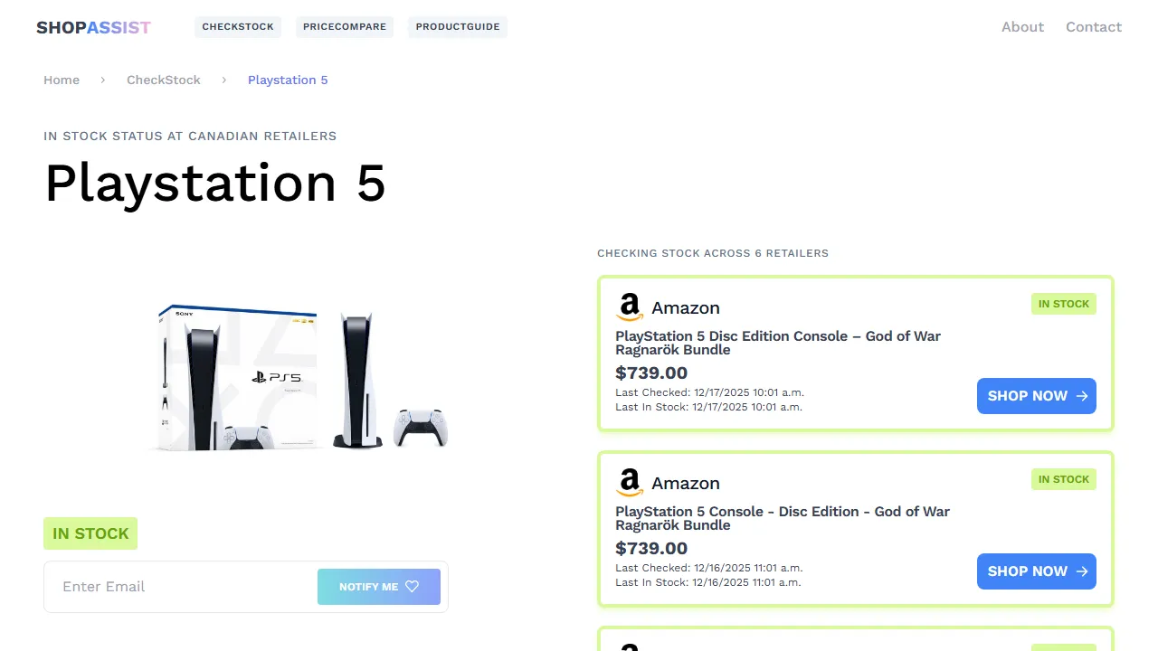 instockps5.ca - Real Time Stock Tracking Tool Online screenshot