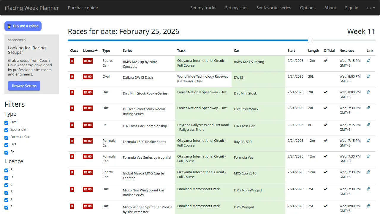 iracing-week-planner.tmo.lol - iRacing Weekly Planner to Support Development screenshot