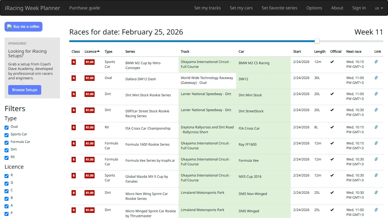 iracing-week-planner.tmo.lol - iRacing Week Planner - Optimize Your Race Schedule screenshot