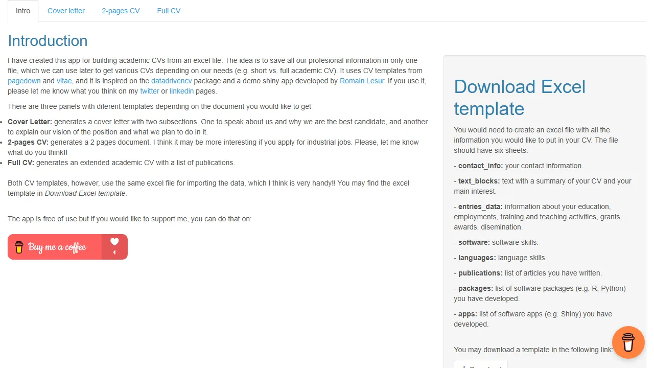 javierelio.shinyapps.io - Free CV Maker and Resume Builder App screenshot