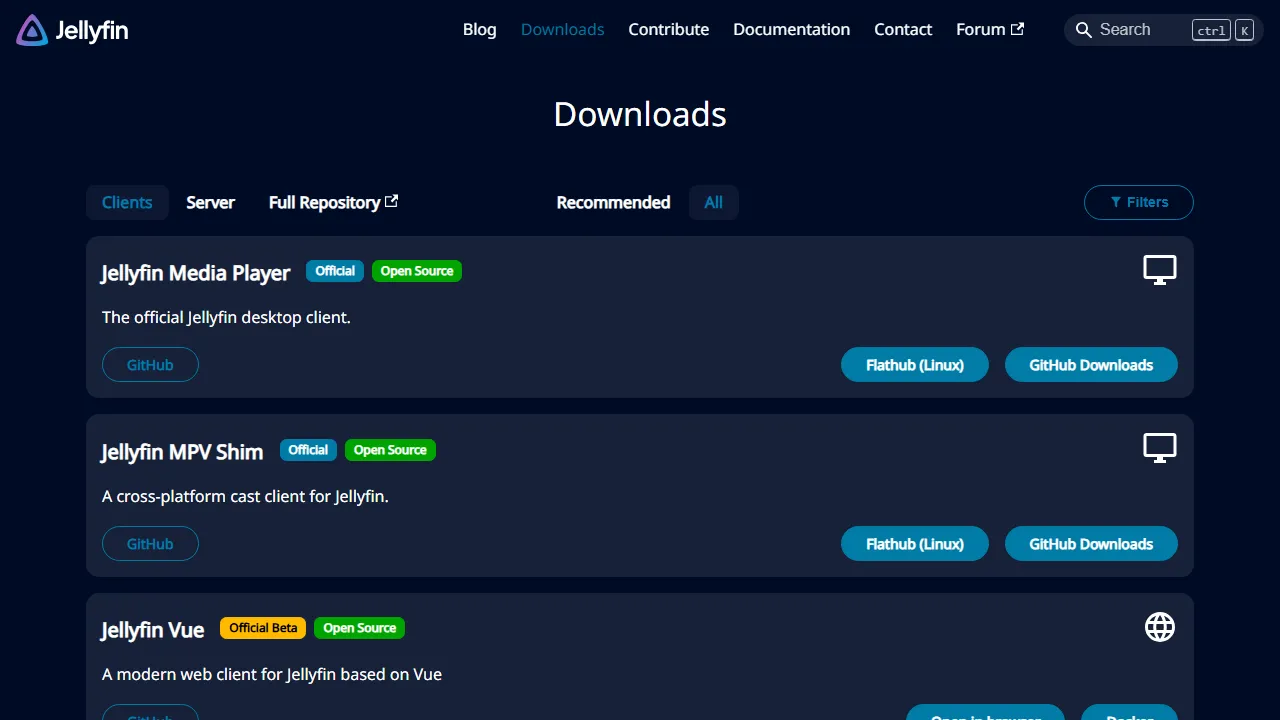 jellyfin.org - Media Streaming Software Client Downloads Available screenshot