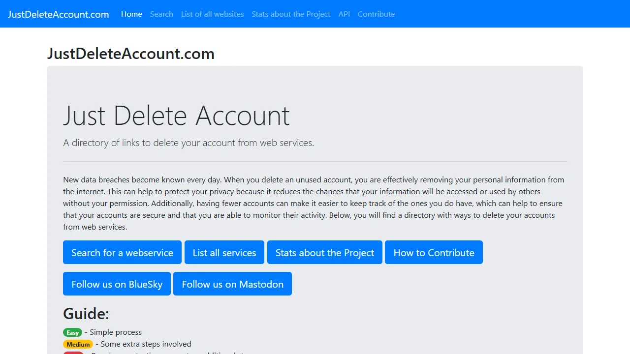 justdeleteaccount.com - Account Deletion Resource screenshot