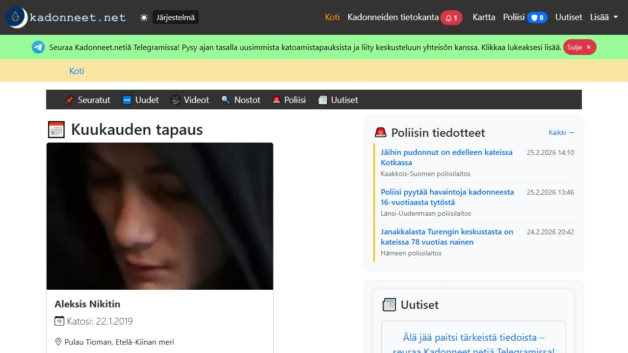 kadonneet.net - Free Missing Persons Database Online screenshot