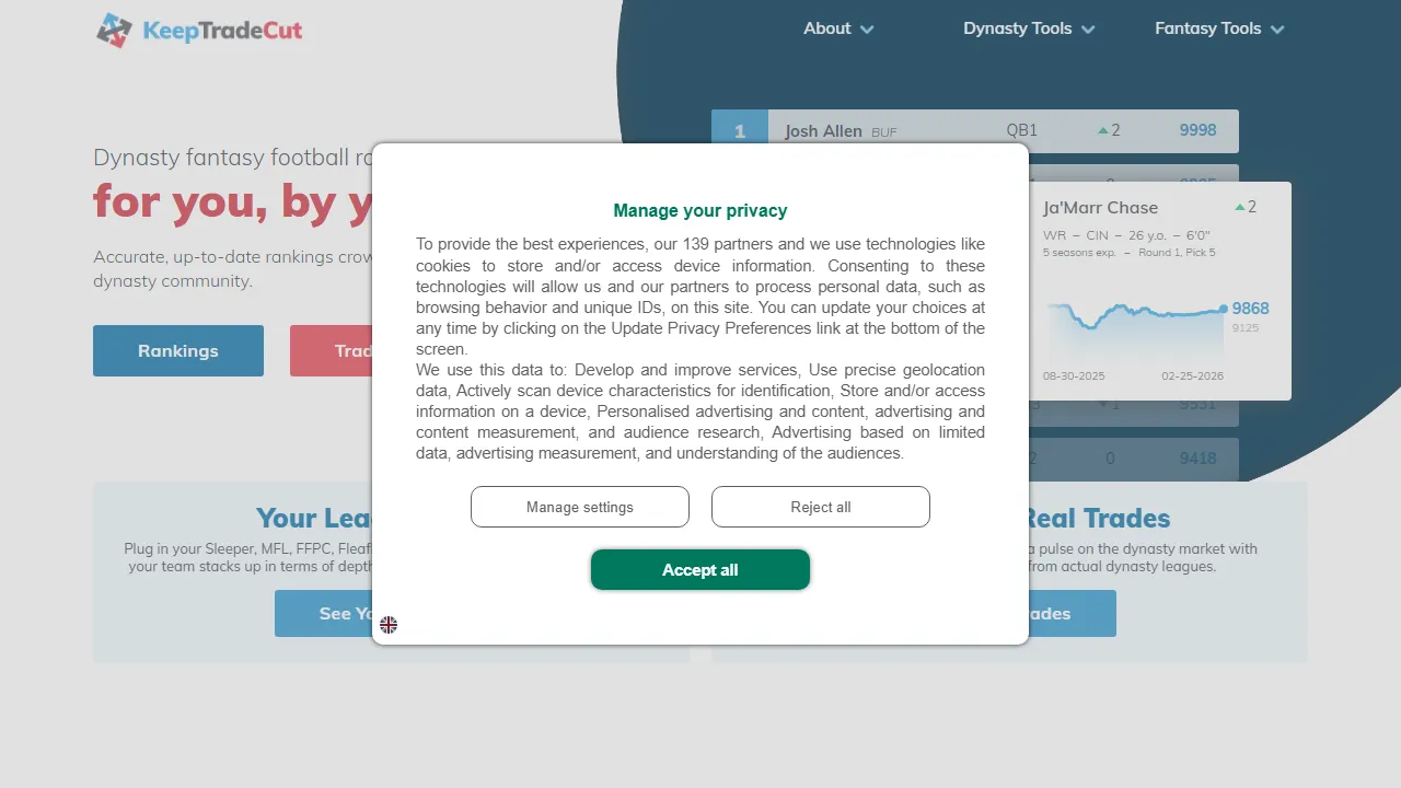 keeptradecut.com - Dynasty Fantasy Football Resource and Tools screenshot