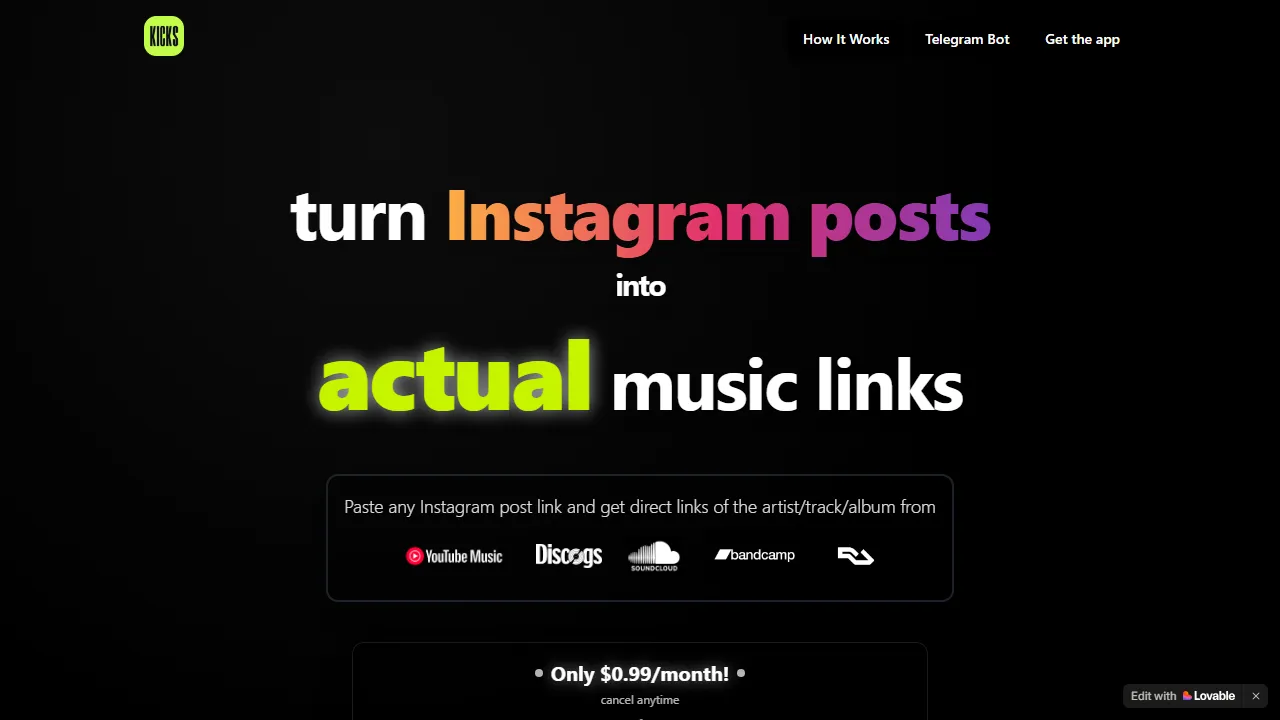 kicksbot.lovable.app - Music Link Retrieval From Instagram Captions screenshot